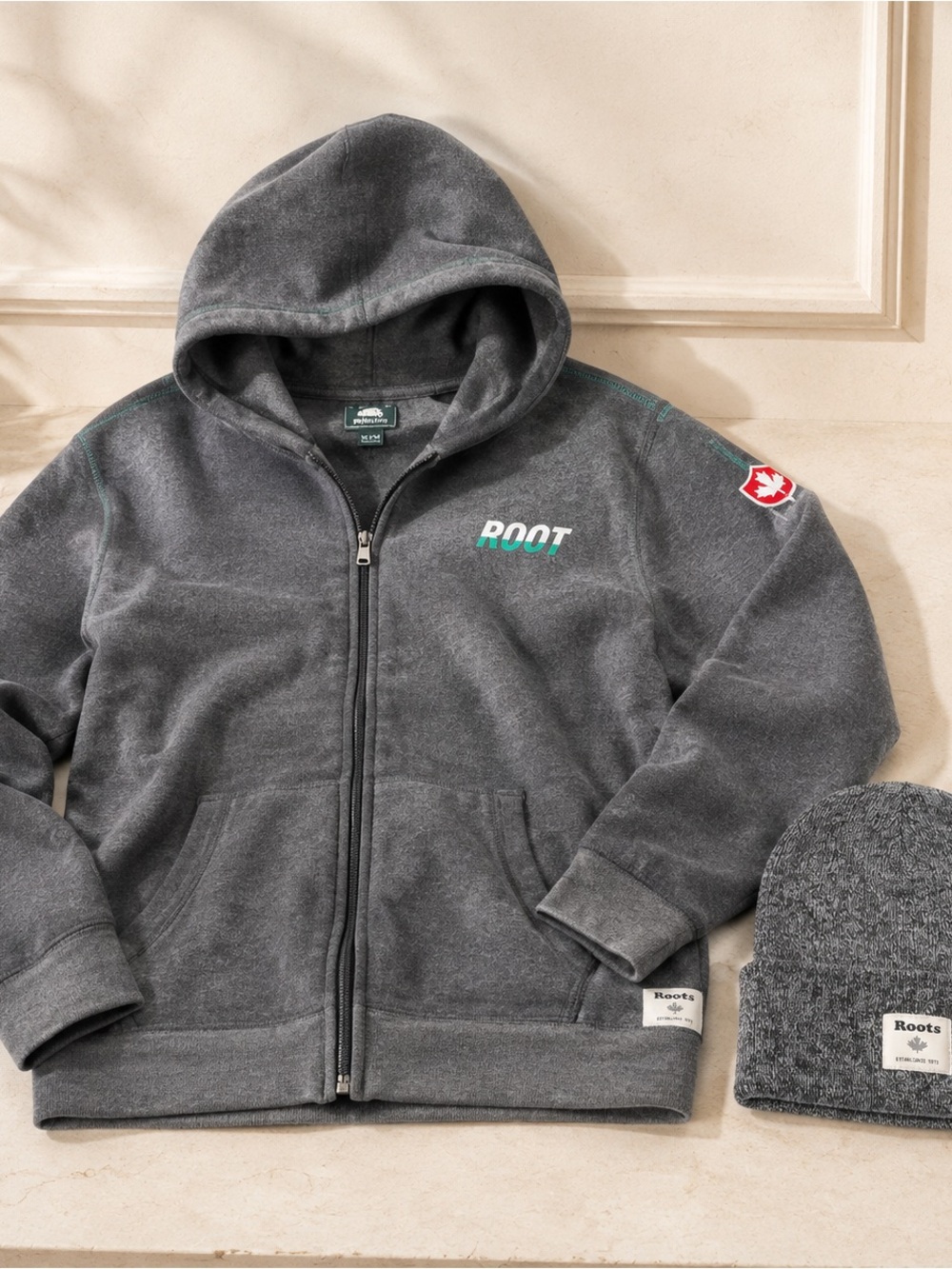 Roots Kids Grey Zip Hoodie XXL 13/14 + Knit Beanie Bundle